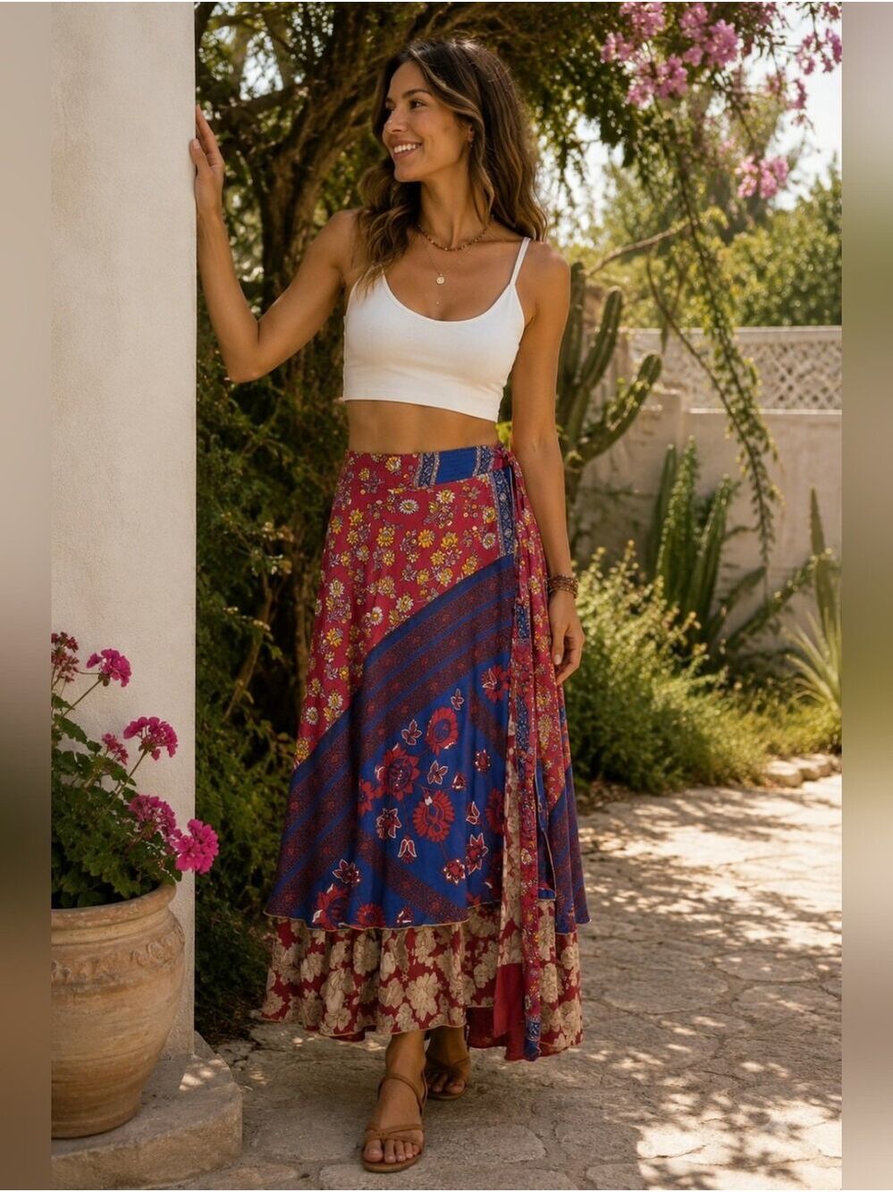 Boho Reversible Floral Multi-Panel Silk Wrap Skirt - Red & Blue